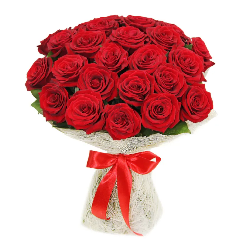 Букет из 25 красных роз в сетке, доставка Жуков